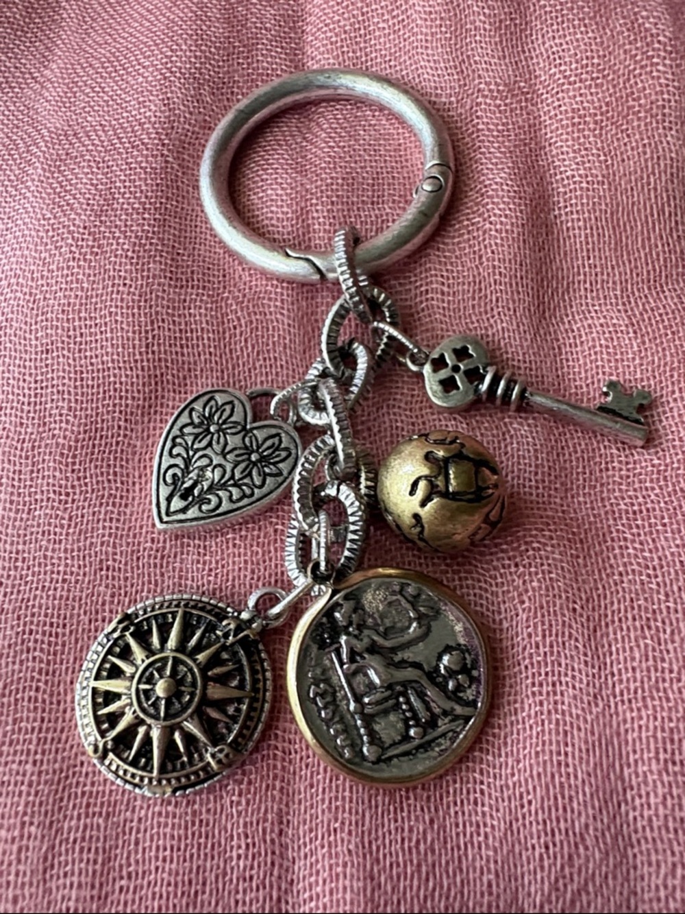 Patricia Nash Silver & Gold Charm Keychain with Heart, Compass & Key